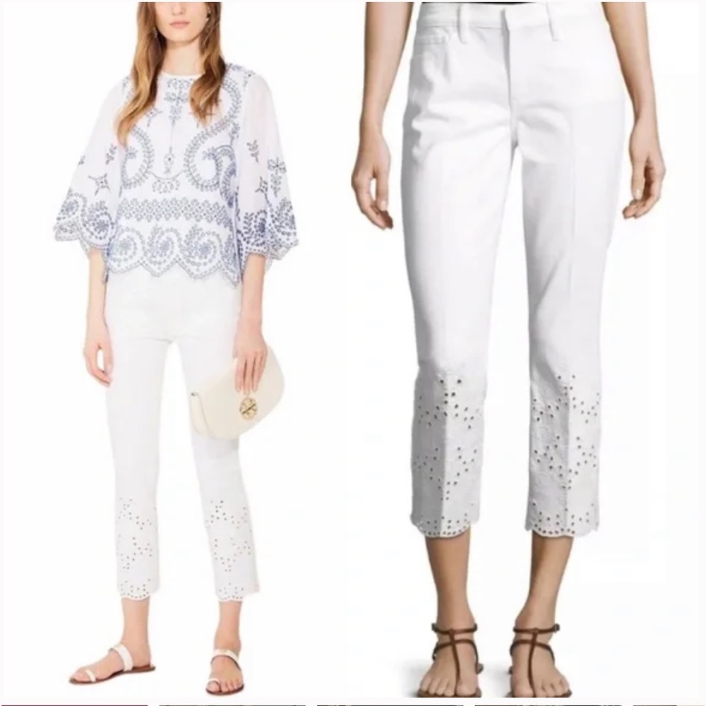 NWOT Tory Burch Kiera Straight Leg Eyelet Embroidered Cropped Jeans in White  28